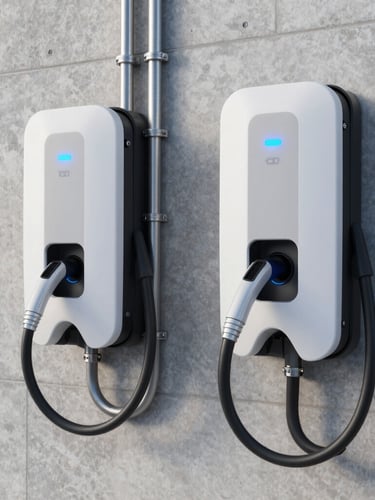 Vista simétrica de un cargador de vehículo eléctrico premium montado sobre pared de hormigón visto, canalizaciones de acero inoxidable perfectamente paralelas y ordenadas, iluminación técnica limpia y nítida.