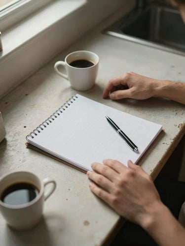 Close overhead of two hands resting on a worn kitchen table beside a notepad and a cup of coffee, soft north-facing window light, muted warm tones, no people's faces visible