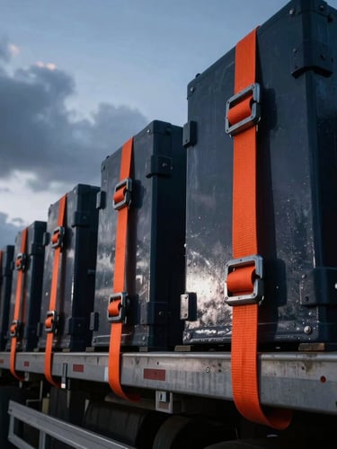 A close-up vertical shot of heavy steel securing gear and orange tension straps locking industrial cargo onto a flatbed trailer, overcast sky, dramatic high-contrast lighting.