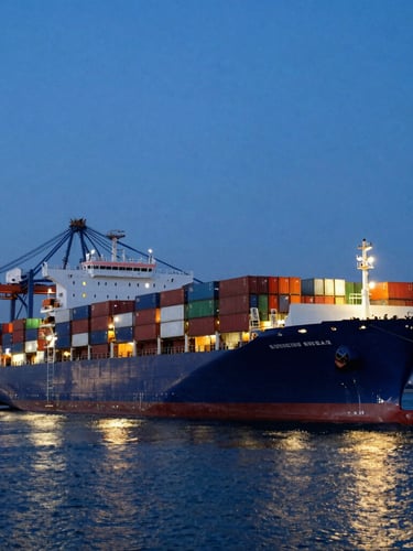 Dramatic wide-angle shot of a massive container ship docked at a deep-water port during dusk, glowing industrial floodlights reflecting off steel containers, dark steel blue sky.