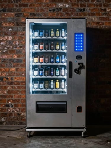 A straight-on geometric shot of a rugged outdoor Wi-Fi vending machine enclosure, steel chassis, glowing blue LED indicator lights, mounted on an industrial brick wall under focused work-light.