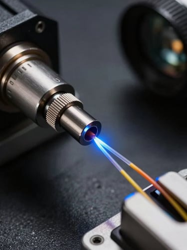 Macro shot of a high-precision fiber optic fusion splicer joining two glass fibers, with a sharp electric blue arc visible, dark technical background