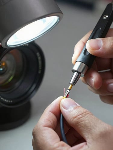 Macro shot of hands terminating a fiber optic cable with high-precision splicing tools under sharp work-light