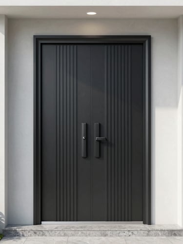 Modern matte black double entry door with vertical ridges and sleek handle for contemporary home exterior design.