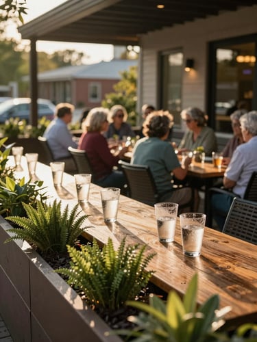 Wide shot of a sunlit Edwardsville patio, golden afternoon light catching condensation on glasses, a group of residents at a wooden table in the background, lush planters framing the edge, warm and relaxed atmosphere