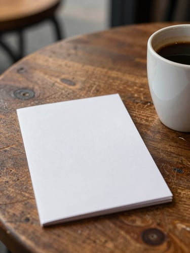 Close-up overhead flat-lay of a simple card resting on a worn wooden café table beside a coffee cup, warm natural light, Edwardsville neighborhood visible softly out of focus in background