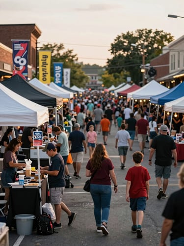 Close environmental shot of a local Edwardsville street festival — vendors and families in motion, colorful banners in the background, warm late-afternoon light, shot from a slightly elevated angle showing depth of the crowd