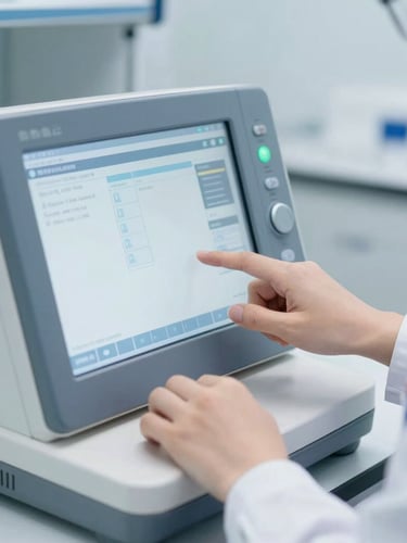 Medium-close shot of a researcher's hands operating a medical diagnostic interface, bright natural daylight, sterile environment.