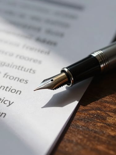 Extreme close-up macro shot of physical corporate documents and a high-quality fountain pen resting on a dark wood table, sharp architectural shadows.