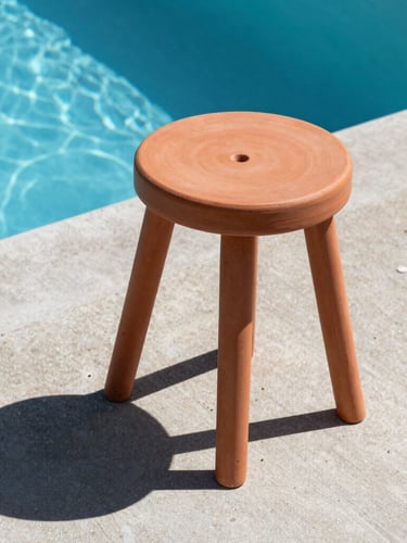Saturated terracotta resin stool casting a sharp, graphic shadow on a raw concrete pool deck under harsh direct midday sunlight, 35mm lens