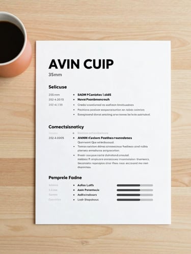 Overhead flatlay of a minimalist workspace with a clean resume on a wooden desk, warm terracotta coffee mug, soft natural daylight, professional Swiss aesthetic, 35mm