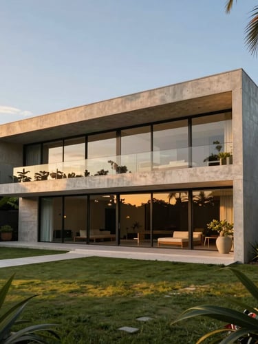Wide-angle architectural photograph of a modern luxury villa in Urubó, Santa Cruz, featuring clean concrete lines, expansive glass walls reflecting warm golden hour sunlight, surrounded by lush tropical landscaping.