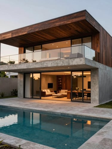 Contemporary architectural family home in Urubó, concrete and dark wood accents, private swimming pool, sunset lighting