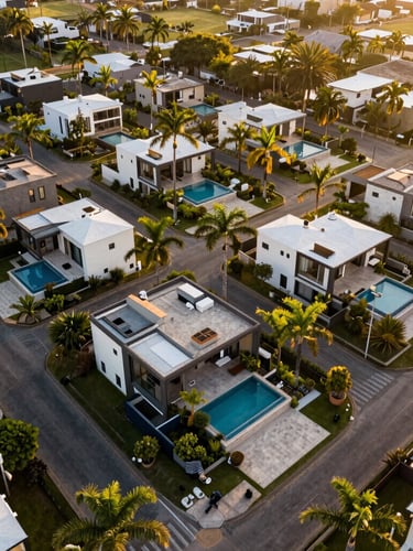 Wide environmental drone shot of a luxury gated community in Santa Cruz, Bolivia, sunset golden hour lighting, modern architectural villas with swimming pools surrounded by lush tropical palm trees and clean paved roads.