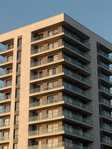 Vista angular de un edificio residencial premium en Equipetrol, Santa Cruz, con balcones de vidrio templado bajo una luz solar cálida de media tarde.
