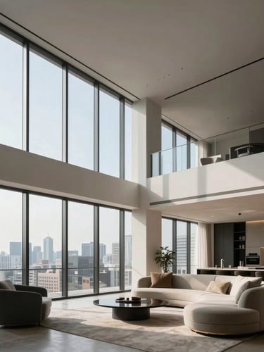 Minimalist penthouse interior in Equipetrol, double-height ceiling, floor-to-ceiling windows showing city skyline, luxury furniture