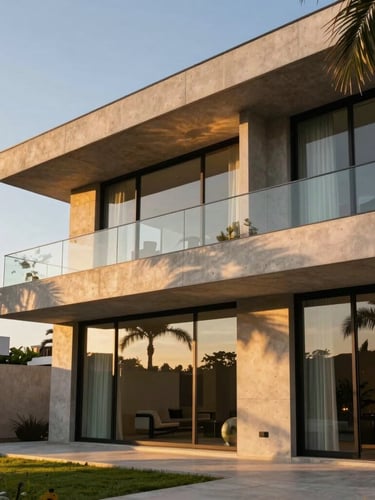 Wide environmental shot of a modern luxury villa facade in Santa Cruz de la Sierra, sunset warm golden hour light, clean concrete lines and large glass windows, tropical palm tree shadows cast on the wall, high-end architectural photography.