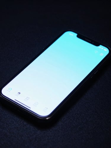 Dynamic angled shot of a mobile device displaying a crisp, glowing app interface, low-key ambient light with electric-blue screen-glow casting light onto a dark, textured surface, 50mm lens.