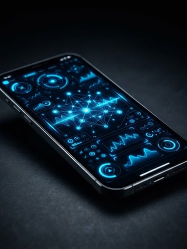 Sleek tech photography of a high-fidelity mobile device mockup displaying a dark, high-contrast app interface with vibrant electric-blue accents, dark ambient studio lighting, sharp focus, 50mm lens