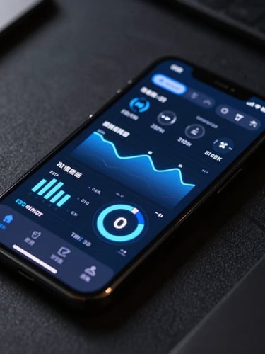 Tight macro crop of a mobile device screen displaying a complex app interface with performance metrics, glowing electric blue, in a dark creative workspace, casting light onto physical surfaces, sharp focus, 50mm lens.