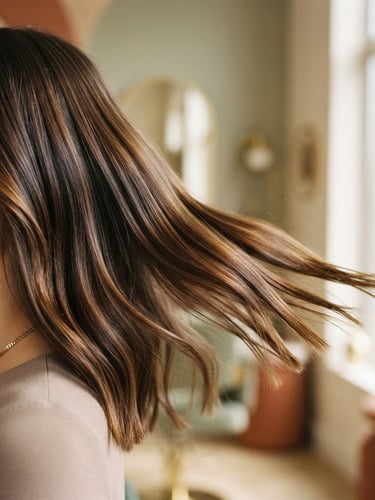 Close-up of a client's healthy, glossy hair after a fresh cut, soft natural window light, muted earth tones and gold accents, shallow depth of field, 35mm, hair flowing gently to the right, showing texture and shine.