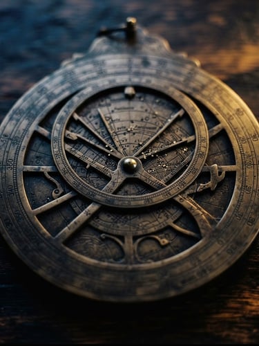 Macro photograph of a heavy brass astrolabe on a dark wooden table, low-key golden-hour light casting long shadows, shallow depth of field