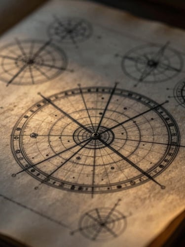 Macro photography of detailed hand-drawn astronomical charts on vintage parchment, warm golden-hour light illuminating precise geometric ink lines, shallow depth of field.