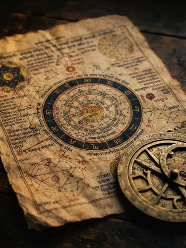 Macro shot of a hand-drawn Vedic astronomical chart on heavy parchment, brass astrolabe resting on the corner, moody low-key golden-hour lighting, shallow depth of field