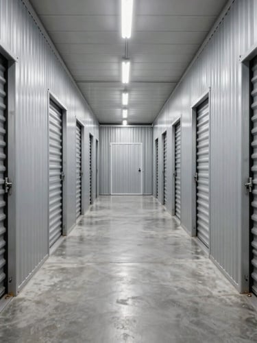 Spotless, brightly lit corridor of a modern commercial storage facility in Albigny-sur-Saône, featuring clean steel doors, polished concrete floor, and crisp overhead LED lighting.
