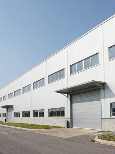 Wide-angle architectural photograph of a modern, clean industrial storage facility exterior in Albigny-sur-Saône, bright daylight, crisp corporate aesthetic, negative space on the left