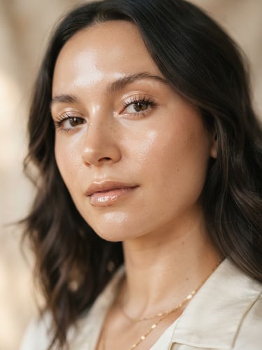 Macro beauty portrait of a woman with dewy, hydrated skin, soft warm window light, elegant beige background, shallow depth of field, 35mm