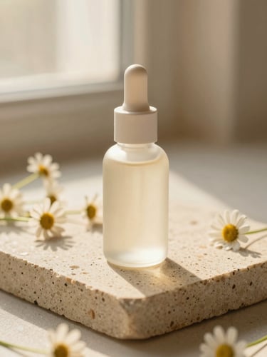 Close-up of frosted glass skincare bottle resting on textured travertine stone, soft golden hour sunlight, chamomile flowers in soft focus, warm beige palette