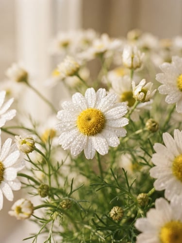 Macro close-up of delicate chamomile flowers bathed in soft, warm window light, dewy petals with water droplets, shallow depth of field, 35mm editorial photography