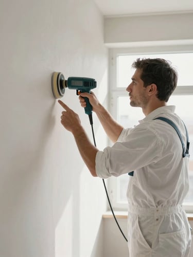 A professional decorator in clean white overalls using a dust-free sanding system on a smooth plaster wall, natural light streaming through a large sash window, immaculate work environment.