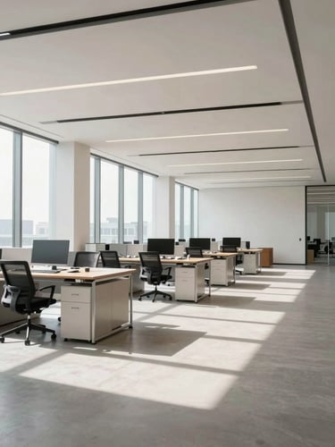 Clean wide-angle shot of an immaculate modern office space, structured lines, natural light.