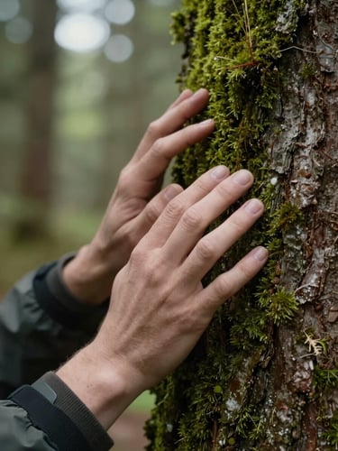 Close-up of hands gently touching the bark of a mossy tree trunk in a quiet forest, soft overcast natural daylight, shallow depth of field.