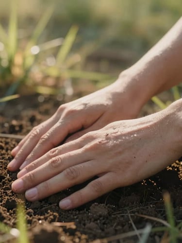 Close-up of hands gently resting on warm, sunlit soil, soft morning light filtering through grass, shallow depth of field, calm and grounded atmosphere.