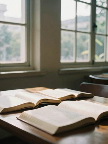 Editorial film photography of a quiet library in Jakarta, warm natural light streaming through high windows, shadows casting on open academic books on a wooden table, 35mm lens.