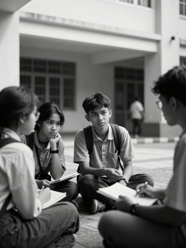 Cinematic black and white editorial film photography, 35mm lens. Candid thoughtful interaction of students discussing in an urban public space in Jakarta, strong natural shadows, architectural lines.