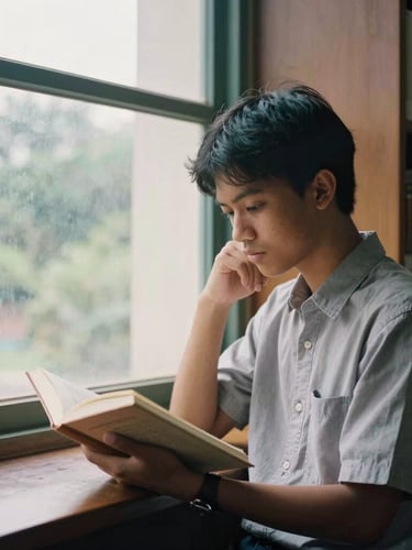 Candid thoughtful portrait of an Indonesian student reading an open book near a large library window, soft natural light, deep intellectual shadows, editorial film photography.