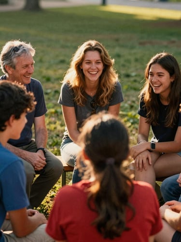 A collaborative outdoor circle of mentors and local youth laughing together, warm natural golden-hour light, rich vibrant tones, 35mm film style.