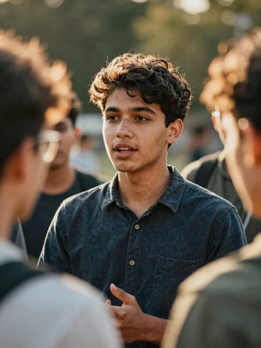 A close-up shot of a young leader speaking confidently in an outdoor collaborative circle, warm golden-hour sunlight, rich vibrant tones, shallow depth of field, 35mm film style.