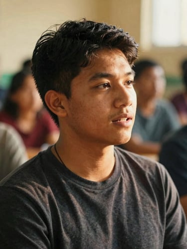 A close-up photograph of a young leader speaking confidently at a community workshop, warm golden-hour sunlight, rich vibrant tones, shallow depth of field.