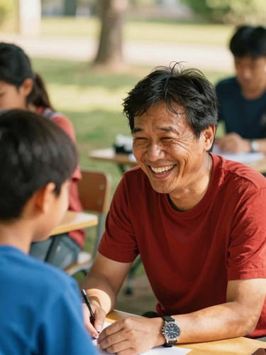 A mentor laughing warmly with a young mentee during an outdoor workshop, bright open shade, rich vibrant tones, shallow depth of field, 35mm film style.