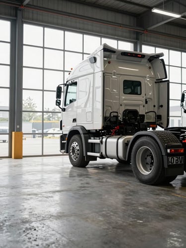 Wide showroom floor viewed from left side, a heavy-duty semi-truck tractor unit parked at right frame, daylight flooding through large industrial windows, concrete floor, scale evident, no people, clean studio-level lighting