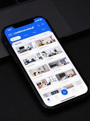 Angled mockup of LiveMoveLease.pl interface on a physical smartphone screen, glowing electric blue in a moody dark office, sharp focus on property listing grid, 35mm