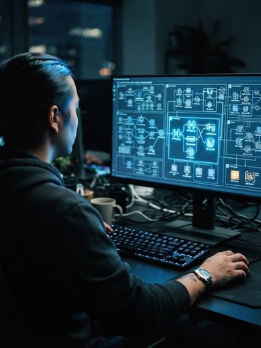 Over-the-shoulder perspective of a developer analyzing complex architecture diagrams on a screen with sharp electric blue glow, moody ambient office lighting, 35mm