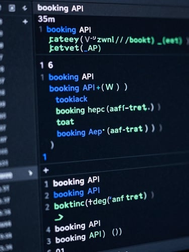 Macro shot of a clean code editor displaying booking API endpoints, syntax highlighting in electric blue and mint green, moody low-key ambient screen glow, 35mm
