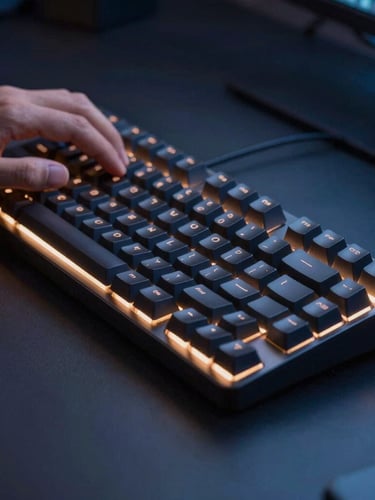 Hands of a developer typing on a mechanical keyboard, warm screen glow reflecting on a clean dark desk, macro focus, premium tech photography