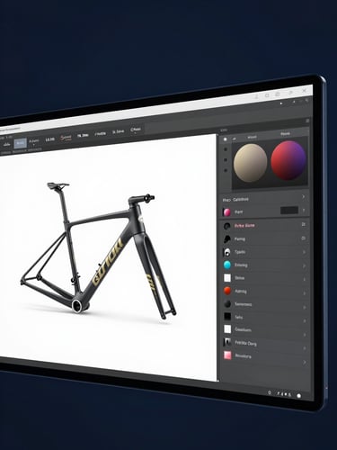 Close-up of a 3D product configurator screen mid-interaction, showing a bicycle frame with real-time color and component variant selection panel on the right side, clean studio light on a deep navy background, UI controls visible and crisp